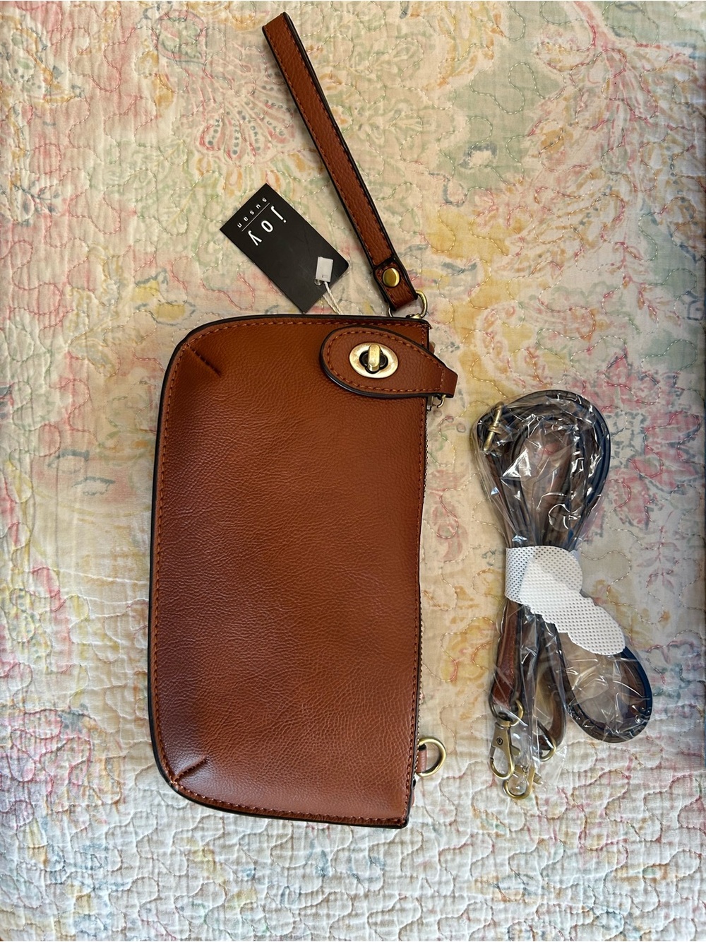 Joy Susan Tan Brown Leather Wristlet with Gold Turn-Lock